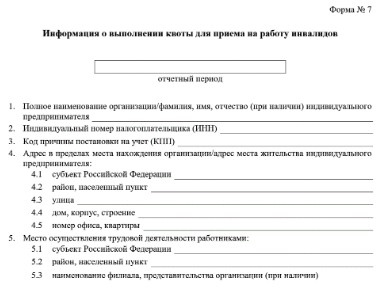 Информация о выполнении квоты для приема на работу инвалидов по форме № 7, утв. приказом № 195н.